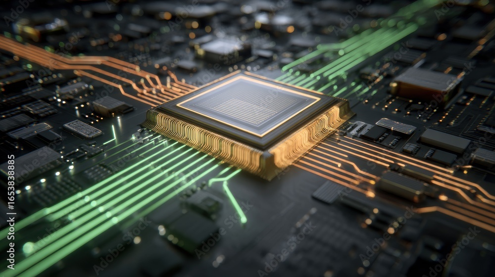 Aufkleber a top-down macro view of a central ai processor chip with gold trim and translucent core, surrounded