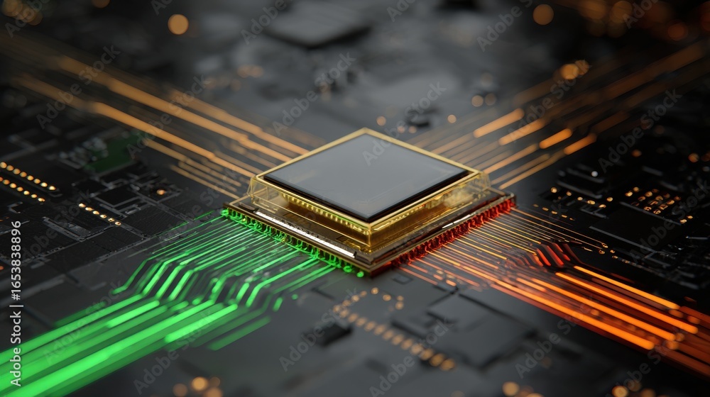 Poster a top-down macro view of a central ai processor chip with gold trim and translucent core