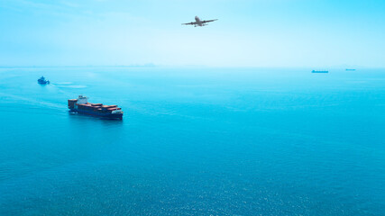 Aerial view of the freight shipping transport system cargo ship container. international...