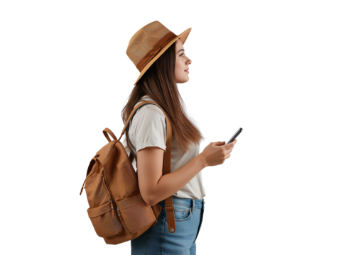 Young woman with straw hat and backpack using mobile phone isolated on a transparent backdrop