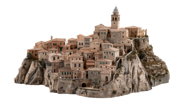 Picturesque hilltop village clinging to rugged cliffs, evoking timeless beauty against a serene