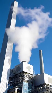 A majestic, ultra-modern clean energy power plant with a massive cooling tower emitting pristine white steam, beautifully illuminated by high-key daylight under a cerulean sky, revealing vast