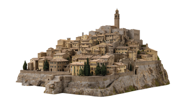 Hilltop Tuscan Village Replica, Miniature Model on Isolated Transparent Display, Architectural