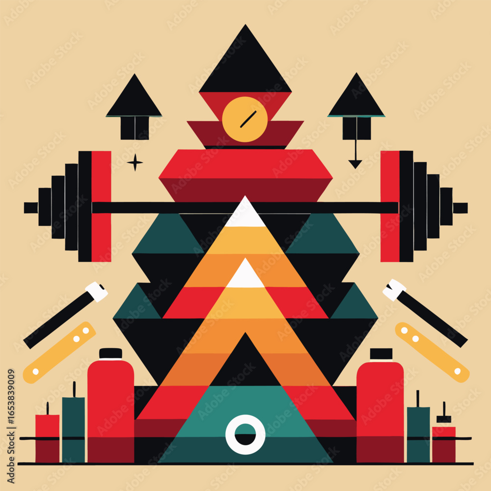 Poster abstract geometric composition featuring barbell weights arrows and shapes arranged in an artistic c