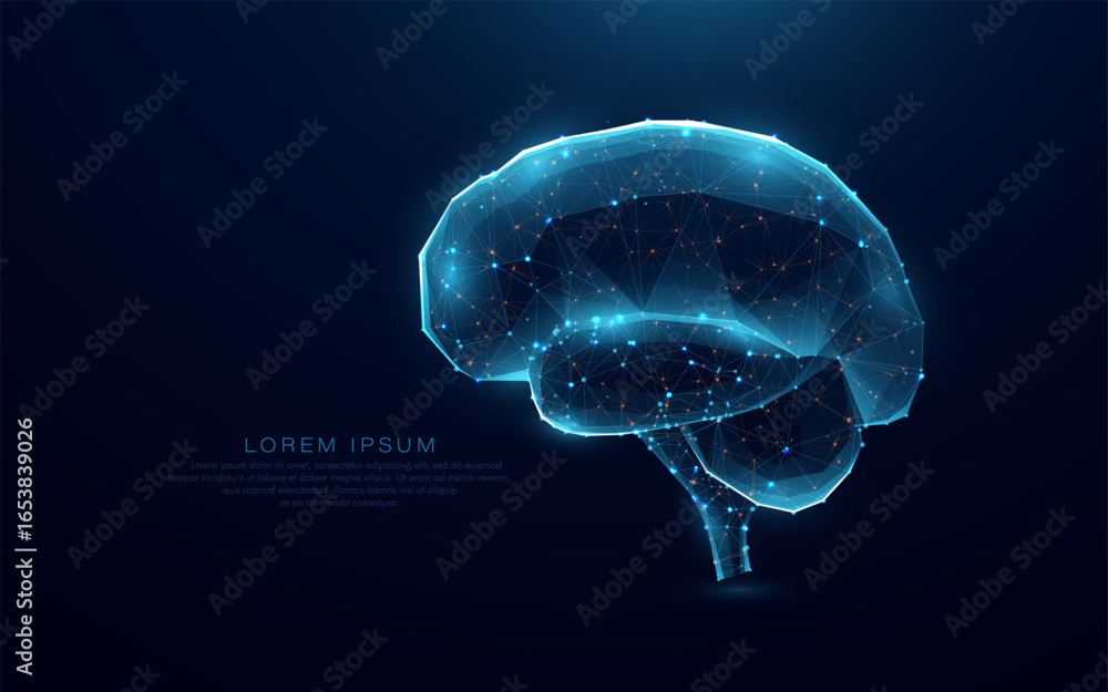 Poster low polygon brain neuron wireframe mesh on a blue background