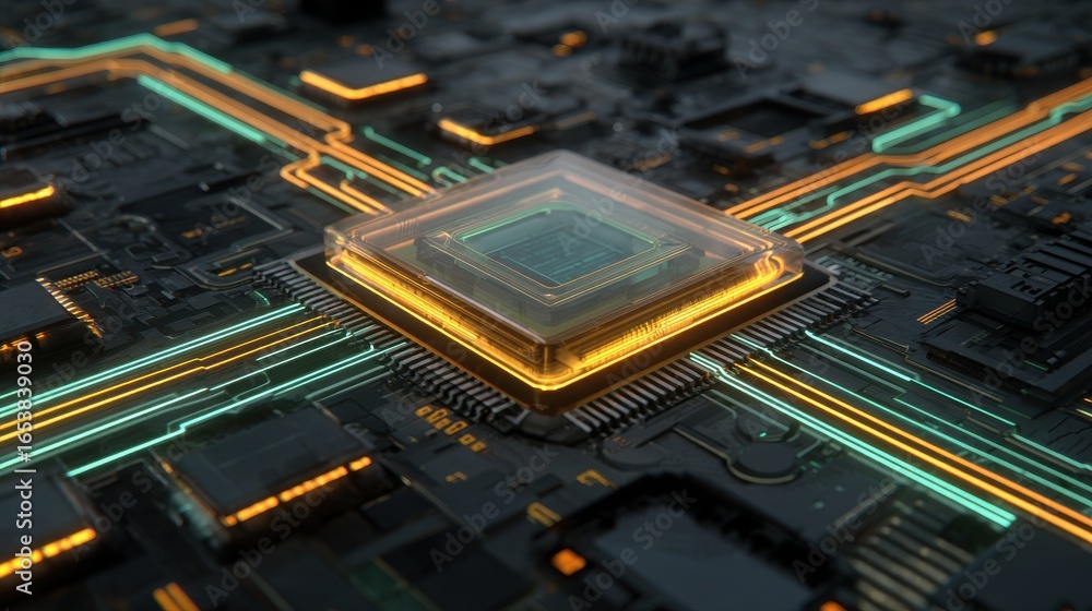 Poster a top-down macro view of a central ai processor chip with gold trim and translucent core