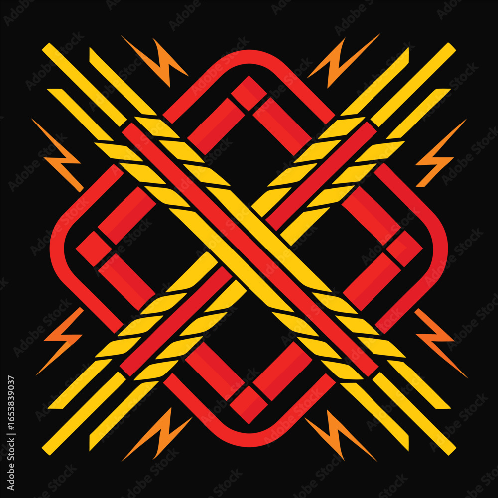 Poster abstract geometric composition featuring bold red and yellow shapes on a black background with light