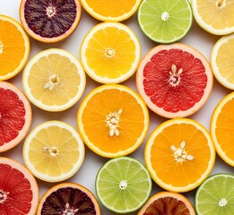 Fototapeta premium Flat lay of assorted citrus fruits sliced open, showcasing vibrant colors and juicy textures. The top-down composition highlights freshness, natural patterns, and healthy organic food.