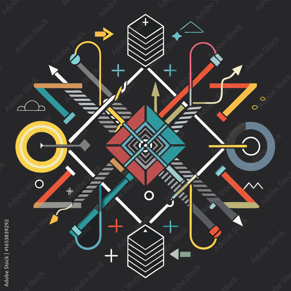 Poster abstract geometric composition with dynamic shapes and lines on dark background