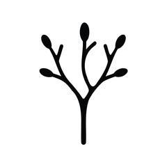 Naklejka premium Black silhouette of a small tree branch with buds-Minimal black and white illustration of a small tree branch with several buds, symbolizing growth, renewal, and the beginning of spring