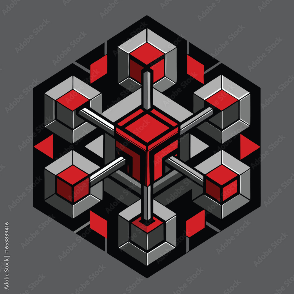 Poster abstract geometric cube structure with red accents and a symmetrical design element on a gray backgr