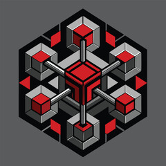 Obraz premium Abstract geometric cube structure with red accents and a symmetrical design element on a gray background