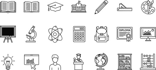 Education and learning icons set, school study teaching online class graduation diploma science book computer globe vector academic symbols collection