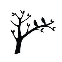 Naklejka premium Black silhouette of tree with birds on branch-Minimal black and white illustration of a tree with leaves and two birds perched on a branch, representing nature, wildlife, and harmony