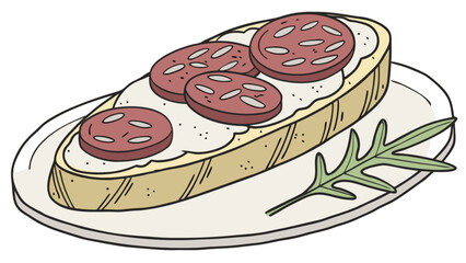 Delicious salami toast recipe idea with cream cheese and arugula for breakfast or brunch snack food art