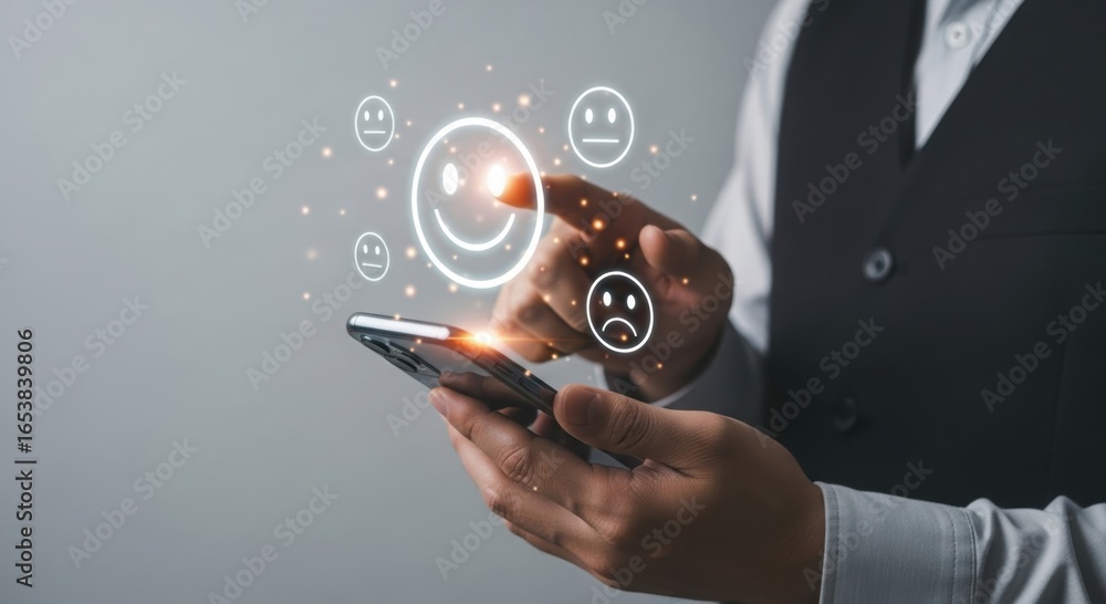 Poster person s hands holding a smartphone with glowing digital interface displaying customer feedback and 