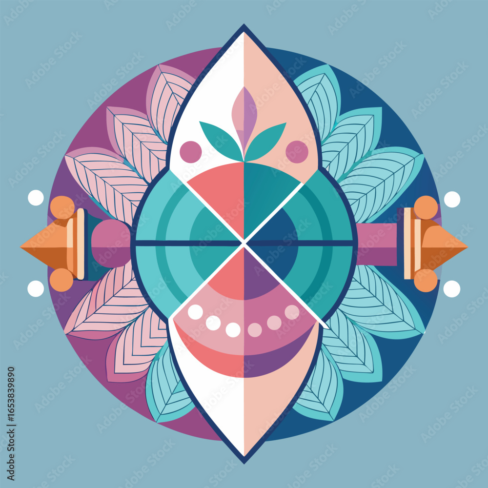Poster abstract geometric mandala design with floral elements in soft and harmonious color palette