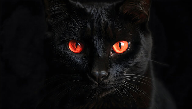 Close Up Portrait Of A Black Cat With Intense Orange Eyes Against A Dark Background - Powered by Adobe