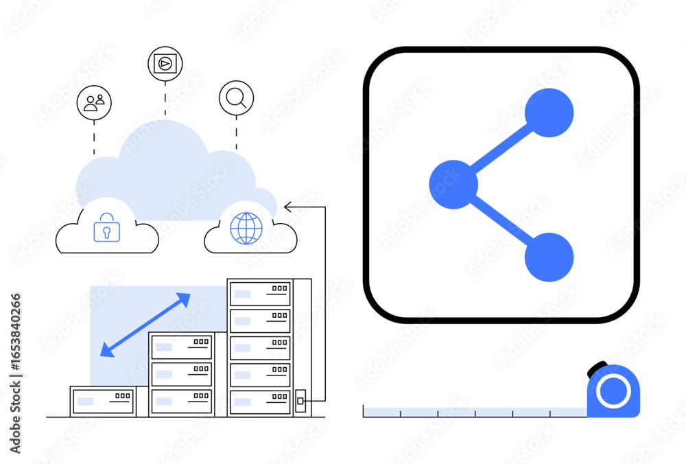Poster cloud computing icons connecting to servers with sharing concept, scalability indicators, and data s