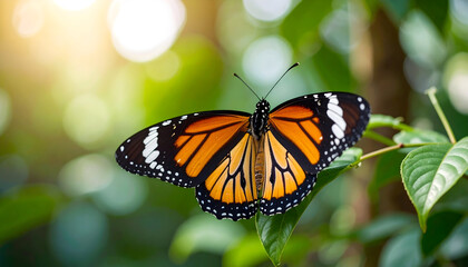 Obraz premium Close-up View of a Monarch Butterfly with Detailed Wing Patterns Resting on Green Leaf in Bright Sunlight