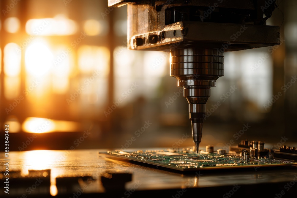 Poster a vertically framed close-up of a robotic tool in a factory beside a pcb, backlit by warm natural su