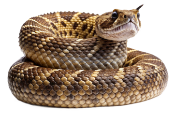 Diamondback rattlesnake coiled and ready against a black background