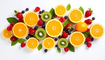 Colorful fruit slices arranged on a white background