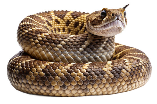 Diamondback rattlesnake coiled and ready against a black background