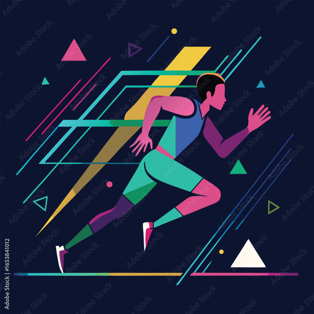 Poster dynamic abstract runner in motion illustrative composition with geometric shapes and energetic color