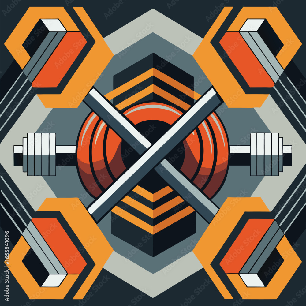 Poster geometric abstract illustration featuring a barbell and colorful symmetrical geometric shape element