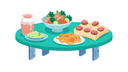 Delicious food arrangement on table with salad, appetizers, and drink for culinary presentation and enjoyment