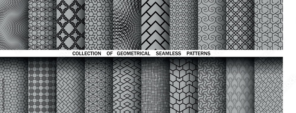 Poster geometric set of seamless black and gray patterns. simple vector graphics