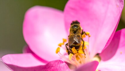 Bee pollinating pink flower outdoors
