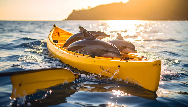 Dolphins swimming alongside a yellow kayak on the ocean with sunlight creating reflections and dynamic water movement