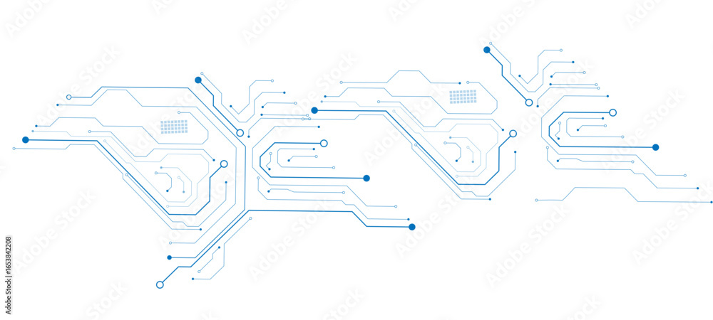 Poster abstract ai circuit board background. technology connected blue lines with electronics elements on t