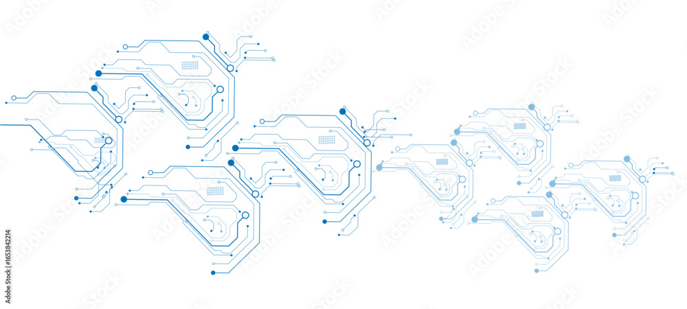 Poster abstract ai circuit board background. technology connected blue lines with electronics elements on t