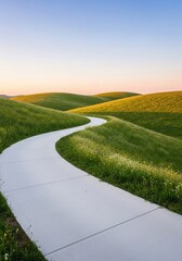 Serene Landscape with Winding Path, Rolling Hills, Green Grass and Wildflowers at Sunset, Tranquil Scenery for Background Use