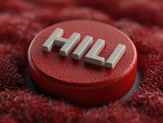 Red button with embossed lettering rests on a textured surface