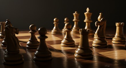 Wooden Chess Pieces on Chessboard with Dramatic Lighting in Classic Game Setting