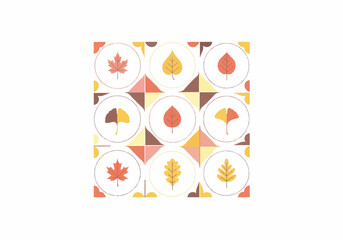 Geometric seamless pattern of stylized autumn leaves in circles with a warm color palette.