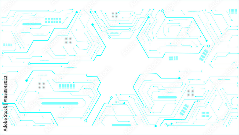 Poster futuristic ai circuit board background. technology connected blue lines with electronics elements on