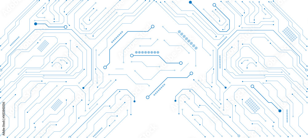 Poster abstract ai circuit board background. technology connected blue lines with electronics elements on t