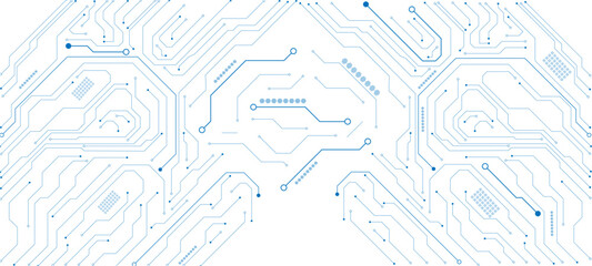 Abstract AI circuit board background. Technology connected blue lines with electronics elements on tech bg.