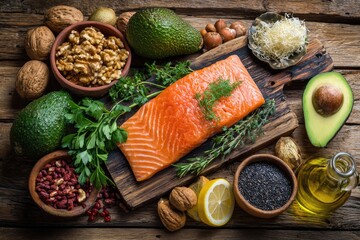 Healthy diet ingredients displayed.  Salmon, nuts, avocado, and more