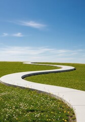Scenic Serpentine Concrete Path Winding Through a Lush Green Meadow with Wildflowers Under a Clear Blue Sky on a Sunny Day