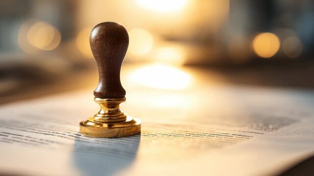 Close-up of a wooden handled notary stamp on legal document, representing authenticity
