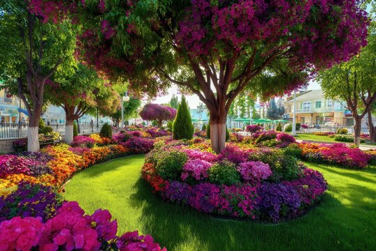 Vibrant flower garden with lush greenery and colorful blooms