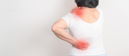 Elderly woman having back body ache for concepts of Back Muscle Strain, Piriformis Syndrome, Low Back Pain, Lumbar Disc Degeneration, Herniated, Osteoporosis, Spinal Compression and Health care