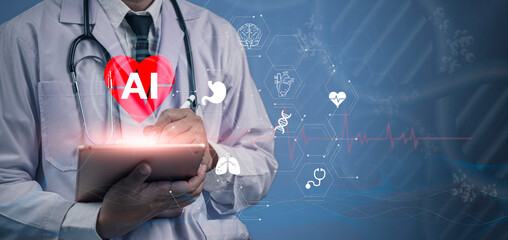 Futuristic healthcare with AI and doctor using tablet, hologram medical icons, heart monitoring,...