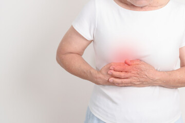 Elderly Woman having Liver pain for Liver disease, cancer and Tumor, Jaundice, Viral Hepatitis A,...